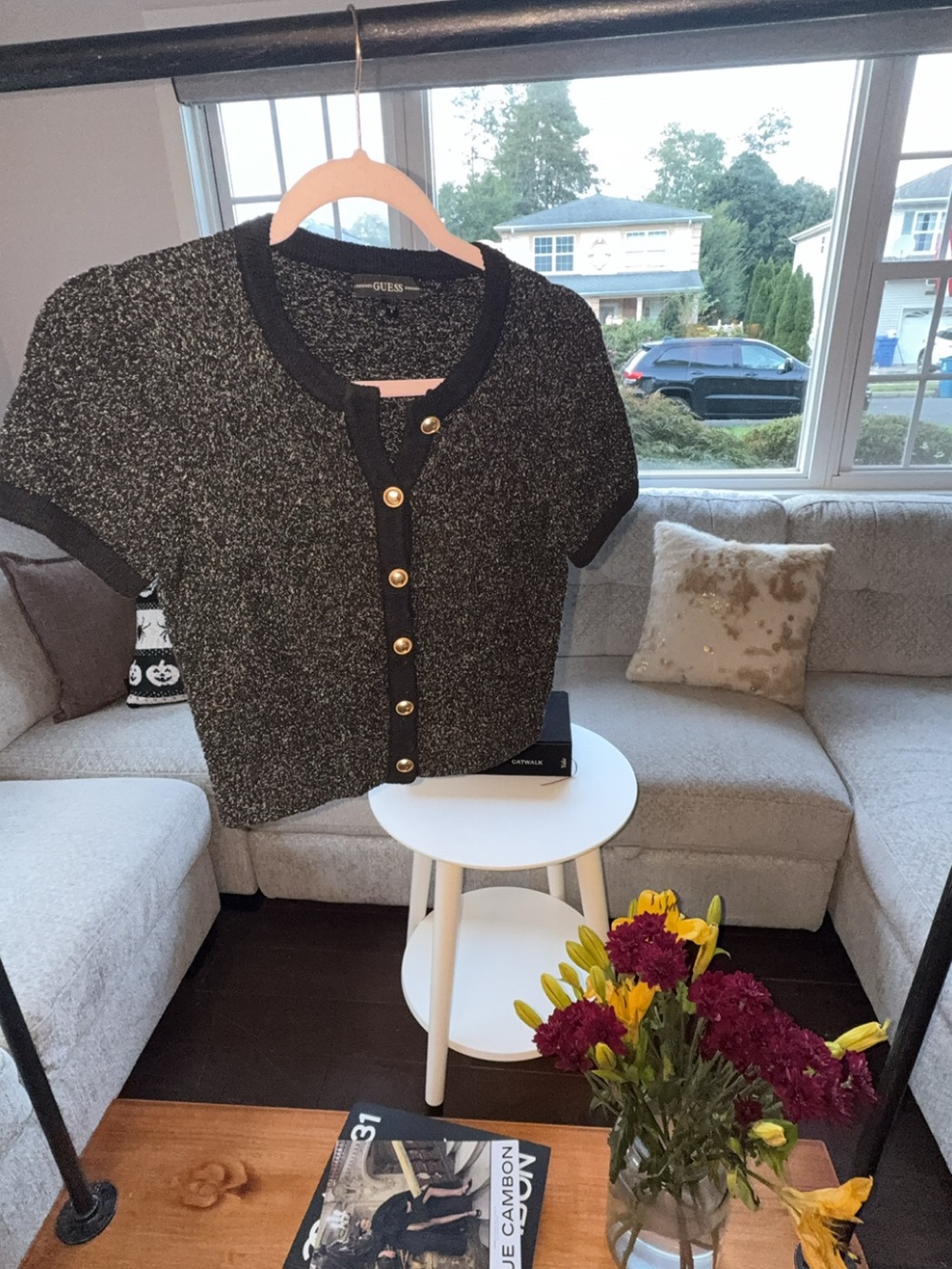 GUESS Black and Gray Short-Sleeve Tweed Cardigan with Gold Buttons